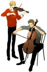  blonde_hair bow_(instrument) cello contemporary dress_shirt earrings facial_hair goatee green_hair hair_over_one_eye highres hy instrument jewelry looking_down multiple_boys necktie one_piece playing_instrument roronoa_zoro sanji shirt short_hair sitting standing sweater violin white_background 
