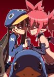  2girls backpack bag brown_eyes brown_hair cabbie_hat demon_girl disgaea earrings elbow_gloves etna fang gloves grin hat highres holding_hands interlocked_fingers jewelry kazamatsuri_fuuka makai_senki_disgaea_4 mini_wings multiple_girls myourenji pointy_ears prinny red_eyes redhead skull slit_pupils small_breasts smile soft_focus studded_bracelet twintails 