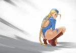 1girl ahoge ass back_cutout blonde_hair blush boots braid cammy_white eyelashes from_behind garrison_cap gloves hat huge_ahoge ikiteirukagiri leotard long_hair looking_over_shoulder ribbed_leotard solo squatting street_fighter street_fighter_zero thong_leotard twin_braids very_long_hair