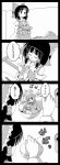  4koma bow bowl comic detached_sleeves flower_(symbol) from_above hair_bow hair_tubes hakurei_reimu highres in_bowl in_container japanese_clothes kimono looking_up minigirl monochrome praying short_hair size_difference smile sukuna_shinmyoumaru table touhou translation_request utakata_(azaka00) 