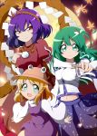  3girls aqua_eyes blonde_hair blouse blue_hair breasts bwell detached_sleeves expressionless frog_hair_ornament full_moon gohei green_eyes green_hair hair_ornament hand_on_own_chest hat juliet_sleeves kochiya_sanae leaf leaf_hair_ornament leaning_forward light_smile long_sleeves looking_at_viewer maple_leaf midriff mirror moon moriya_suwako multiple_girls navel open_mouth outstretched_arm payot petals puffy_sleeves purple_background red_eyes rope shide shimenawa skirt skirt_set snake_hair_ornament touhou yasaka_kanako 