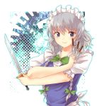  1girl between_fingers blue_dress braid dagger dress gears grey_eyes highres izayoi_sakuya knife looking_at_viewer maid maid_headdress puffy_sleeves revision shirt short_sleeves silver_hair smile solo touhou twin_braids weapon x&amp;x&amp;x 