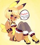  1girl :&lt; animal_ears ankle_boots armband blonde_hair blue_(hopebiscuit) blush_stickers boots bridal_gauntlets dark_skin english flat_chest grey_legwear personification pikachu pokemon short_hair short_shorts shorts sitting solo tail thighhighs 