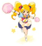  1girl :d alternate_form blonde_hair boots cure_honey dj-yu earrings from_above happinesscharge_precure! jewelry knee_boots long_hair magical_girl oomori_yuuko open_mouth pom_poms popcorn_cheer precure skirt smile solo star twintails white_background yellow_eyes 