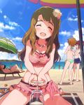  4girls ahoge beach bikini blush brown_hair closed_eyes flower hair_flower hair_ornament happy idolmaster idolmaster_million_live! jewelry long_hair miyao_miya multiple_girls necklace official_art open_mouth red_hair short_hair sky smile summer swimsuit umbrella water 