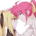  2girls blonde_hair blue_eyes blush eye_contact fate_testarossa forehead-to-forehead hair_ribbon height_difference leaning_forward long_hair looking_at_another lyrical_nanoha mahou_shoujo_lyrical_nanoha mahou_shoujo_lyrical_nanoha_a&#039;s multiple_girls pink_hair ponytail red_eyes ribbon signum sm318 smile twintails 