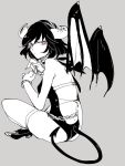  1girl from_behind grey_background horns kiguchiko looking_at_viewer looking_back monochrome short_hair simple_background sitting solo tail wings 