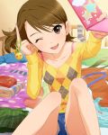  1girl argyle artist_request brown_eyes brown_hair cutoffs denim denim_shorts futami_ami hair_bobbles hair_ornament idolmaster idolmaster_cinderella_girls jpeg_artifacts official_art short_hair short_shorts shorts smile smiley_face star tagme wink 