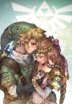  blonde_hair blue_eyes blush brown_hair earrings gloves hat highres holding_hand jewelry kawacy link long_hair nintendo pointy_ears princess_zelda sword the_legend_of_zelda tiara twilight_princess weapon 