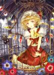  1girl ascot barefoot birdcage blonde_hair cage color_ink_(medium) finger_to_chin flandre_scarlet flower hat hat_ribbon head_tilt keiko_(mitakarawa) kneeling laevatein looking_at_viewer mob_cap paint_(medium) parted_lips puffy_short_sleeves puffy_sleeves red_eyes ribbon short_hair short_sleeves side_ponytail skirt skirt_set solo touhou traditional_media window wings wrist_cuffs 