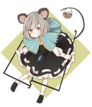  1girl animal_ears basket bent_over capelet dowsing_rod dress gem grey_dress jewelry long_sleeves looking_at_viewer mouse mouse_ears mouse_tail mozukuzu_(manukedori) nazrin necklace pendant pink_eyes silver_hair smile solo tail touhou 
