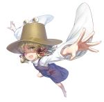 1girl barefoot benitama blonde_hair bow full_body hair_bow hair_ornament hat long_sleeves moriya_suwako open_mouth outstretched_arms shirt short_hair simple_background skirt skirt_set smile solo touhou turtleneck vest white_background white_shirt wide_sleeves wink yellow_eyes 