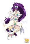  1girl absurdly_long_hair anniversary arudebido boots bow brooch character_name copyright_name cure_egret earrings frills futari_wa_precure_splash_star hair_bow jewelry knee_boots leg_warmers long_hair magical_girl mishou_mai ponytail precure purple_hair ribbon skirt smile solo very_long_hair violet_eyes white_background wrist_cuffs 