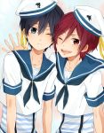  2boys :&lt; black_hair blue_eyes child fang free! gyw hat male matsuoka_rin multiple_boys nanase_haruka_(free!) open_mouth red_eyes redhead sailor short_hair smile wink young 