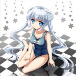  1girl blue_eyes checkered checkered_floor highres kenkou_toshikou long_hair miss_monochrome miss_monochrome_(character) reflection school_swimsuit silver_hair swimsuit twintails 