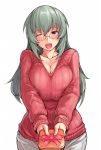  1girl ;d blush breast_squeeze breasts cleavage glasses huge_breasts long_hair looking_at_viewer older open_mouth red_eyes ribbed_sweater rozen_maiden silver_hair smile solo suigintou sweater tsuda_nanafushi valentine wink 