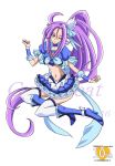  1girl absurdly_long_hair adapted_costume ahoge anniversary arudebido blue_skirt boots bow brooch character_name choker copyright_name cure_beat frills hair_ornament hair_ribbon heart_hair_ornament jewelry knee_boots kurokawa_eren long_hair magical_girl midriff navel precure puffy_sleeves purple_hair ribbon seiren_(suite_precure) side_ponytail sitting skirt solo suite_precure thighhighs very_long_hair white_background white_legwear wink wrist_cuffs yellow_eyes 
