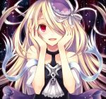  1girl bare_shoulders blonde_hair bust chisa hair_ornament hands_on_own_cheeks hands_on_own_face hat long_hair open_mouth pandora_(p&amp;d) puzzle_&amp;_dragons red_eyes smile solo 
