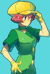  1girl adjusting_clothes adjusting_hat blue_background cabbie_hat choker gloves green_eyes hat langley_(pokemon) pink_hair pokemon pokemon_(anime) short_hair skyloop19 solo yellow_gloves 