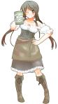  1girl beer_mug blush boots breasts brown_eyes brown_hair cleavage contrapposto cross-laced_footwear dirndl full_body grin hand_on_hip highres knee_boots lace-up_boots long_hair ogawa_mizuki original shing_(sorairo_factory) smile solo traditional_clothes twintails 