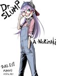  1girl button_shirt dr._slump glasses hat long_hair matsu norimaki_arale overalls purple_hair simple_background 