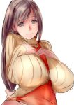  1girl apron breast_suppress breasts brown_eyes brown_hair dodai_shouji huge_breasts long_hair looking_at_viewer ribbed_sweater simple_background solo sweater white_background 