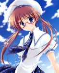  1girl absurdres blue_eyes blue_sky brown_hair clouds glasses hat highres necktie ryouka_(suzuya) scan school_uniform semi-rimless_glasses sky twintails under-rim_glasses 