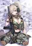  1girl assault_rifle badge breasts brown_gloves brown_hair camouflage_pants cleavage cross gloves gun hair_ornament headset highres hk416 knee_pads long_hair matsuryuu operator parted_lips ponytail pouch rifle scarf sitting skull smile solo suppressor violet_eyes weapon wink yokozuwari 