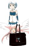  2girls :d armband bag blue_eyes blue_hair bow cape carrying damenano104 gloves goddess_madoka hair_bow in_bag in_container kaname_madoka long_hair magical_girl mahou_shoujo_madoka_magica mahou_shoujo_madoka_magica_movie miki_sayaka multiple_girls open_mouth pink_hair short_hair simple_background smile soul_gem spoilers two_side_up white_background wings yellow_eyes 