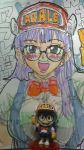  blue_eyes bowtie breasts butto_shirt doll glasses hat hepburn long_hair norimaki_arale overalls purple_hair sketch 