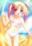  1girl :d absurdres ahoge bikini blonde_hair blue_sky bow bra fang frilled_bikini frills hair_bow highres isa_(ni-iro) ocean open_mouth palm_tree pink_bra pink_eyes pink_hair sky small_breasts smile swimsuit towel tree twintails underwear 