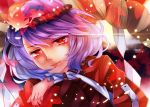  1girl aru16 fingernails gradient_hair hair_ornament head_rest juliet_sleeves leaf_hair_ornament light_particles light_smile lips long_sleeves looking_at_viewer multicolored_hair nail_polish puffy_sleeves red_eyes rope shide shimenawa short_hair slit_pupils solo touhou yasaka_kanako 