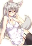  1girl animal_ears arm_support bekotarou black_legwear blush breasts cleavage fox_ears fox_tail garter_straps glasses large_breasts long_hair looking_at_viewer original silver_hair smile solo tail thighhighs yellow_eyes zettai_ryouiki 