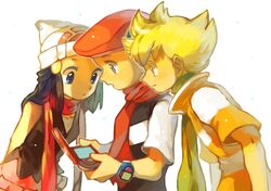  1girl 2boys beanie blonde_hair blue_eyes blue_hair hair_ornament hairclip hat hikari_(pokemon) jun_(pokemon) kouki_(pokemon) long_hair miniskirt multiple_boys pokedex pokemon pokemon_(game) pokemon_dppt poketch profile scarf shirt short_hair skirt skyloop19 sleeveless sleeveless_shirt striped striped_shirt watch watch watching white_background 