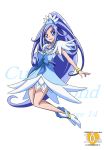  1girl anniversary arudebido blue_eyes blue_hair blue_skirt bow bracelet character_name choker copyright_name cure_diamond dokidoki!_precure earrings hishikawa_rikka jewelry long_hair magical_girl ponytail precure ribbon shoes skirt smile solo white_background 