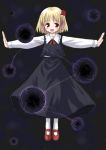  1girl :d blonde_hair blouse darkness hair_ribbon kagura_mizuki mary_janes open_mouth outstretched_arms pantyhose ribbon rumia shoes short_hair skirt smile spread_arms touhou vest 