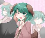  1girl animal_ears chin_stroking commentary_request dress fang green_eyes green_hair hammer_(sunset_beach) hand_in_hair hand_on_head kasodani_kyouko open_mouth petting pink_dress pov_hands smile tail touhou wink 