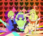  2girls adelie_(space_dandy) arm_up blonde_hair bow breasts cleavage copyright_name grey_eyes hair_bow heart highres honey_(space_dandy) long_hair looking_at_viewer multiple_girls navel orange_eyes ozaki_(nattohda) qt_(space_dandy) robot smile space_dandy 