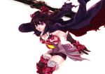  1girl black_gloves black_hair breasts cape cleavage commentary_request double-blade earrings elbow_gloves fantasy gloves hoop_earrings inuhiko_(istdog) jewelry thighhighs two_side_up violet_eyes 
