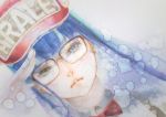  blue_eyes blue_hair dr._slump glasses hat lips nanami_rio norimaki_arale portrait salute 