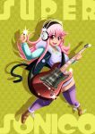  1girl blush breasts electric_guitar guitar headphones highres instrument jumping large_breasts long_hair looking_at_viewer nitroplus open_mouth pink_eyes pink_hair purple_legwear smile solo super_sonico thighhighs 