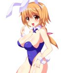  1girl animal_ears blonde_hair blush breasts bunny_tail bunnysuit charlotte_dunois cleavage detached_collar highres infinite_stratos large_breasts long_hair open_mouth rabbit_ears ribbon smile tail touage_teishoku violet_eyes wrist_cuffs 