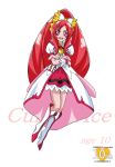  1girl :d anniversary arudebido boots bow character_name choker coat copyright_name crossed_arms cure_ace dokidoki!_precure frills hair_bow knee_boots long_hair madoka_aguri magical_girl open_mouth payot precure puffy_sleeves red_eyes red_skirt redhead skirt smile solo white_background wrist_cuffs 