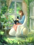  1girl blanket blanket_over_midsection braid brown_hair bush cat flower highres indoors mole original plant sitting tulip twin_braids window you_(shimizu) 