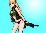  1girl bare_shoulders battle_rifle bikini blonde_hair braid breasts cleavage collaboration colored colorfag elf flower gun hair_flower hair_ornament large_breasts leaning_forward light_smile long_hair open_vest pan!ies pointy_ears rifle sako_rk_95_(upotte!!) scope side-tie_bikini simple_background single_braid solo swimsuit under_boob upotte!! weapon 