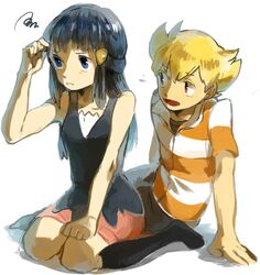  1boy 1girl annoyed blonde_hair blue_eyes blue_hair brown_eyes hair_ornament hairclip hikari_(pokemon) jun_(pokemon) kneeling long_hair miniskirt no_hat pokemon pokemon_(game) pokemon_dppt shirt short_hair skirt skyloop19 sleeveless sleeveless_shirt striped striped_shirt 