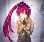  1girl bag black_gloves blush casual coat gloves grin hair_intakes hair_ribbon highres long_hair looking_at_viewer paper_bag ponytail purple_hair red_eyes ribbon smile solo under_night_in-birth valentine wink winter winter_clothes yusano yuzuriha_(under_night_in-birth) 