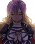  1girl breasts bust crying expressionless facing_viewer gradient_hair hands_together hijiri_byakuren juliet_sleeves layered_dress long_hair long_sleeves looking_down multicolored_hair puffy_sleeves ruchi_(shrlfmdks) simple_background solo streaming_tears tears touhou white_background yellow_eyes 