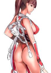  1girl ass breasts brown_eyes brown_hair dodai_shouji king_of_fighters large_breasts long_hair ponytail rope rough shimenawa shiranui_mai sideboob solo 