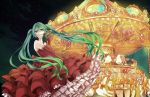  1girl carousel conomi-c5 dress elbow_gloves gloves green_eyes green_hair hatsune_miku long_hair mask night red_dress solo twintails very_long_hair vocaloid 